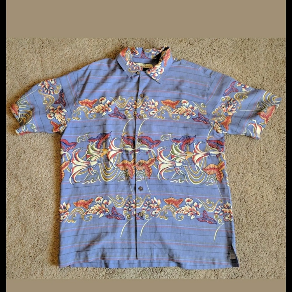 Tommy Bahama Silk Shirt Stripes Hawaiian Flowers